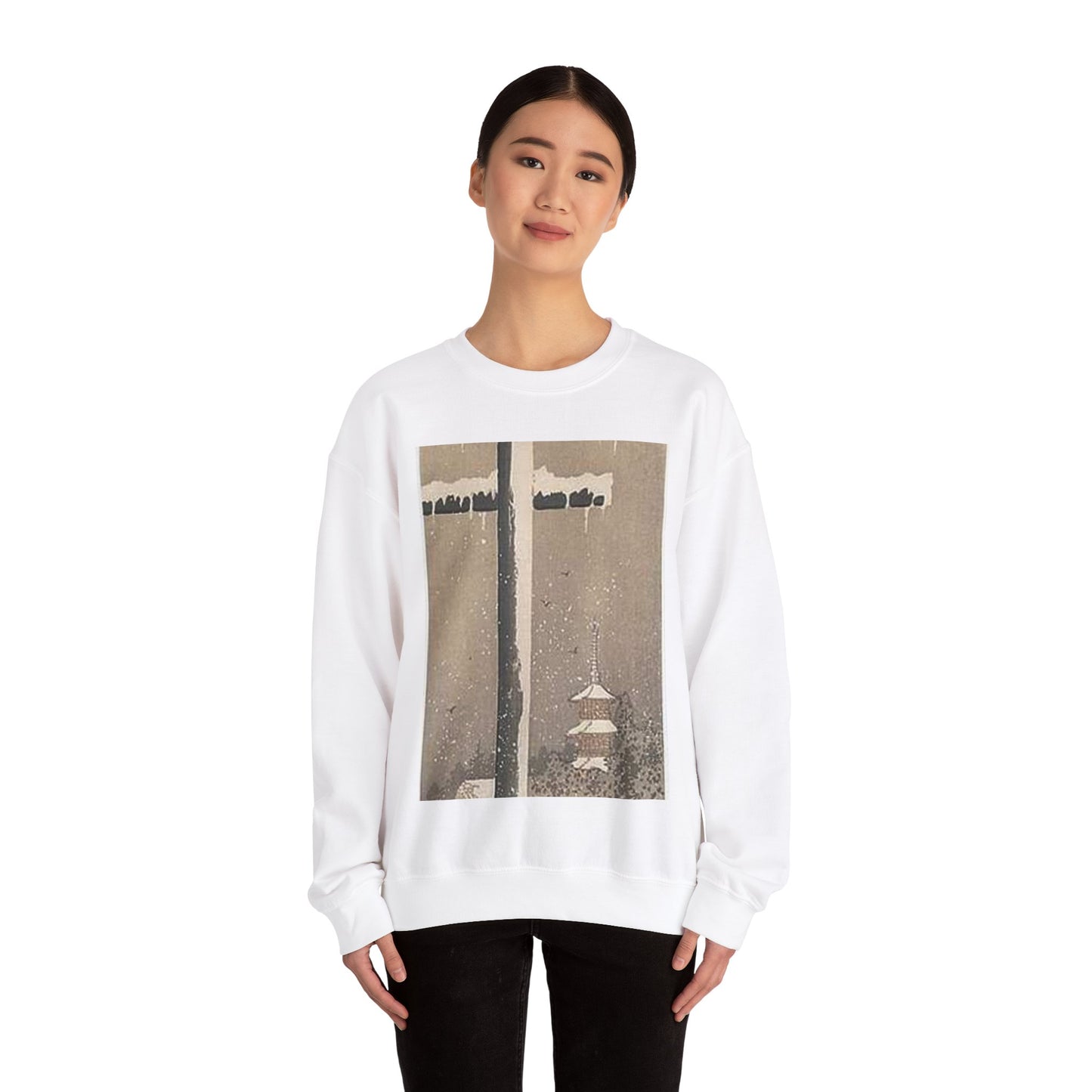 Koson - torii-and-crow-in-the-snow, Ohara Koson White Heavy Blend Adult Crew Neck SweatShirt