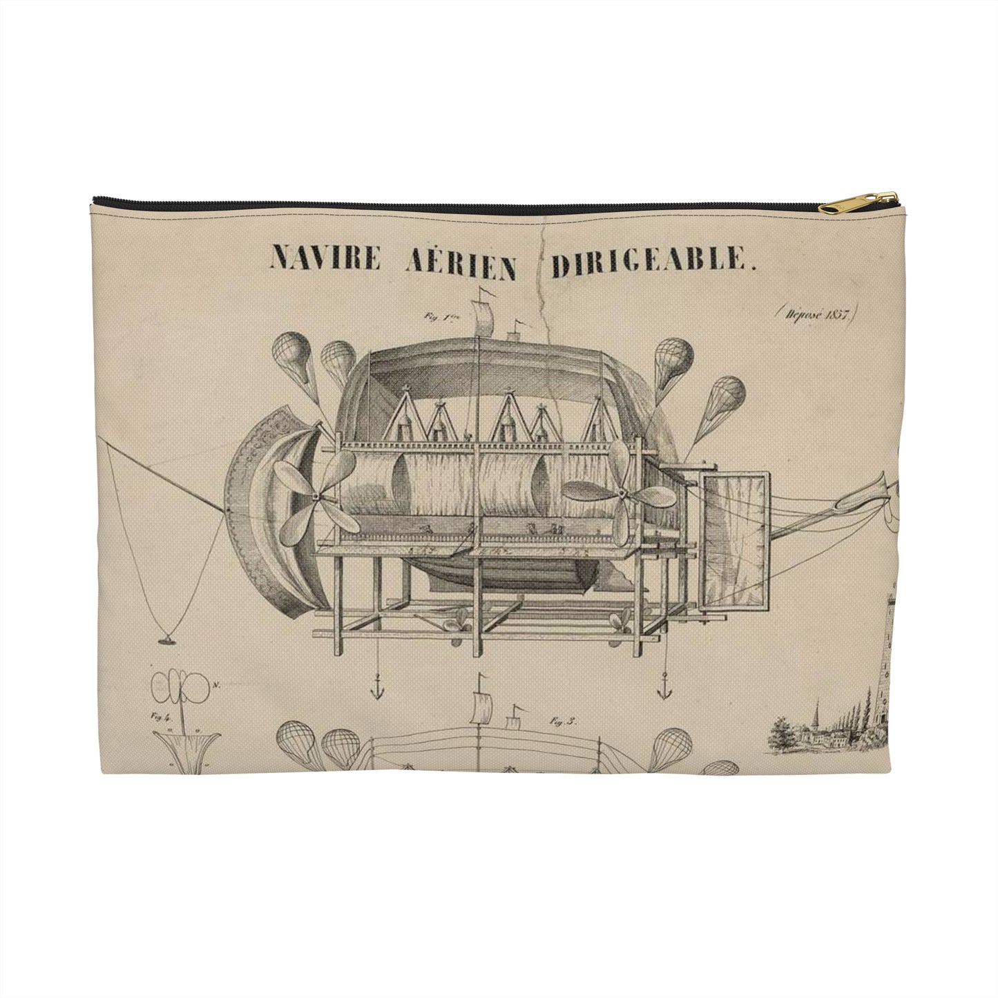 Patent drawing - Navire aérien dirigeable. Systême J.B. Métivier, force ascensionnelle 90,000 kos. Public domain  image Large Organizer Pouch with Black Zipper