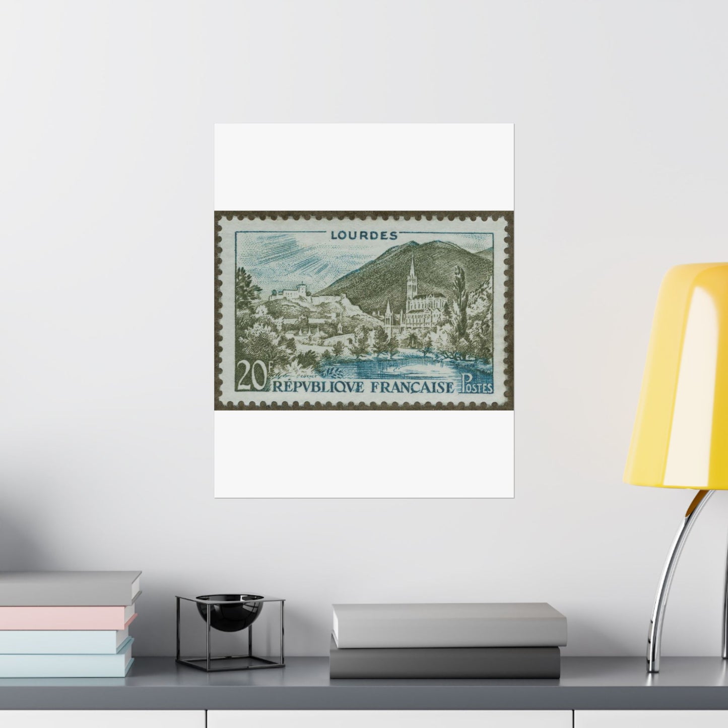 Frimärke ur Gösta Bodmans filatelistiska motivsamling, påbörjad 1950.Frimärke från Frankrike, 1954. Motiv av kyrkan vid Lourdes. "Undergörande vatten". High Quality Matte Wall Art Poster for Home, Office, Classroom