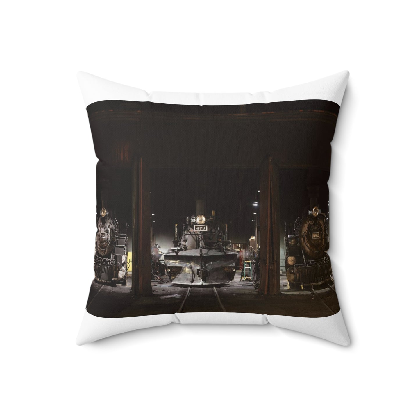 Steam locomotives in the roundhouse of the Durango & Silverton Narrow Gauge Scenic Railroad in Durango, Colorado Decorative Accent Square Pillow