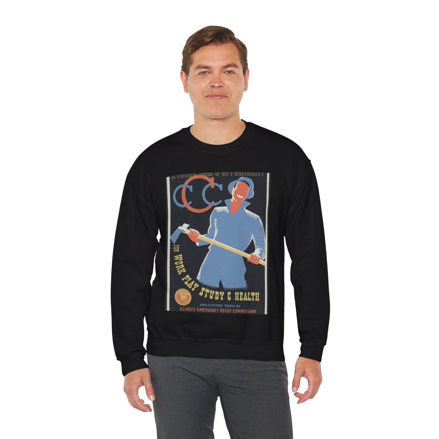 A young man's opportunity for work, play, study & health / Bender ; made by Illinois WPA Art Project, Chicago. Black Heavy Blend Adult Crew Neck SweatShirt