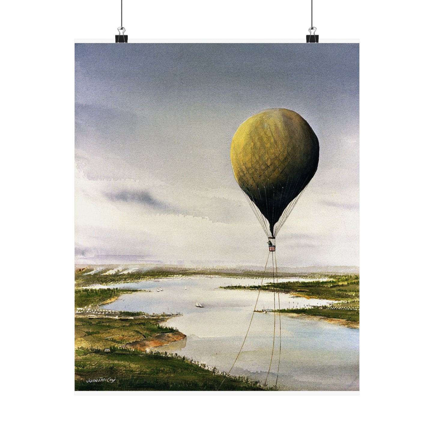 Artwork: "T.S.C. Lowe's Ballon Tethered at 1,000 Feet Above the York River in 1862". Artist: John McCoy High Quality Matte Wall Art Poster for Home, Office, Classroom