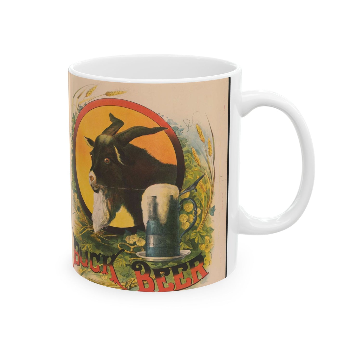 Bock Beer, the head of a goat inside an oval, with a stein of beer sitting on a bed of hops, underneath the oval Beautiful Novelty Ceramic Coffee Mug 11oz