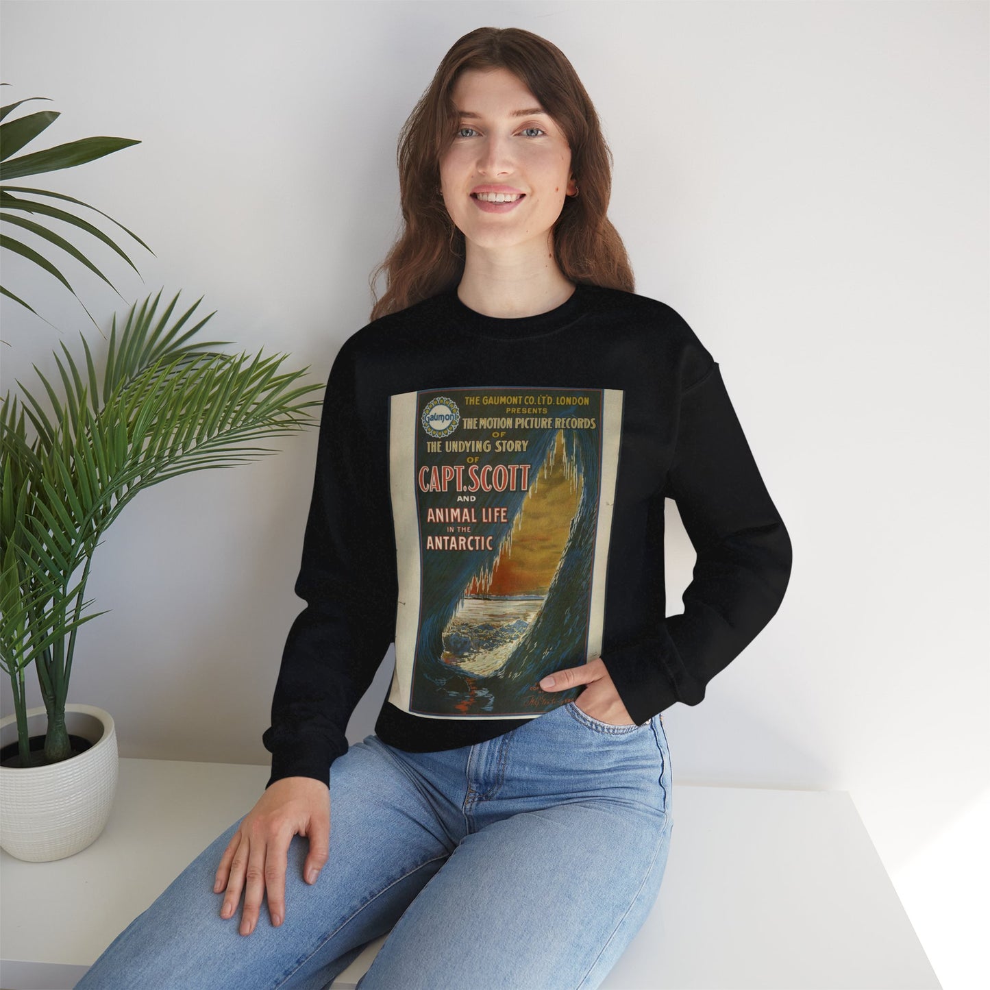 The Gaumont Co. L'T'D. London presents the motion picture records of the undying story of Capt. Scott and animal life in the Antarctic / The Morgan Lith. Co., Cleveland, O. Black Heavy Blend Adult Crew Neck SweatShirt