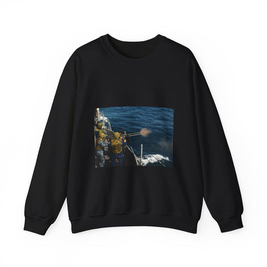 US Navy 110514-N-YM590-214 Gunner's Mate 2nd Class Charles H. Talbert fires a .50-caliber machine gun during a crew-served weapons certification ex Black Heavy Blend Adult Crew Neck SweatShirt