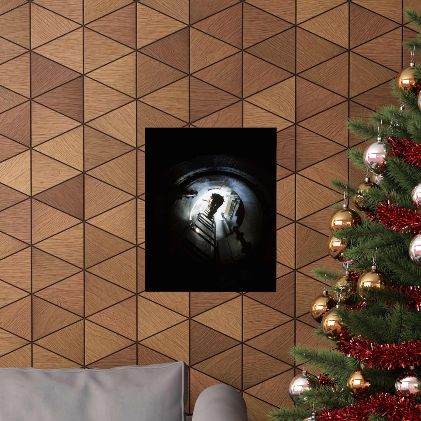 A 44th Field Missile Maintenance Squadron maintenance technician climbs down a ladder into a Minuteman missile support facility High Quality Matte Wall Art Poster for Home, Office, Classroom
