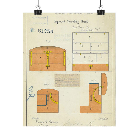 Patent drawing - Drawing of an Improved Traveling Trunk Public domain  image High Quality Matte Wall Art Poster for Home, Office, Classroom
