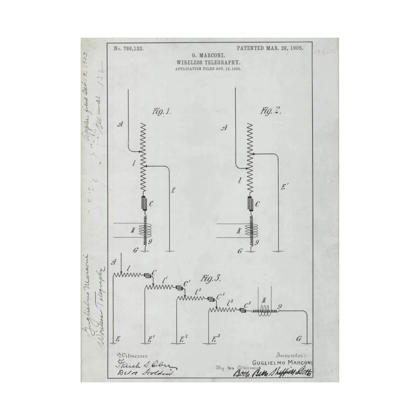 Patent drawing - for G. Marconi's Wireless Telegraphy Public domain  image High Quality Matte Wall Art Poster for Home, Office, Classroom