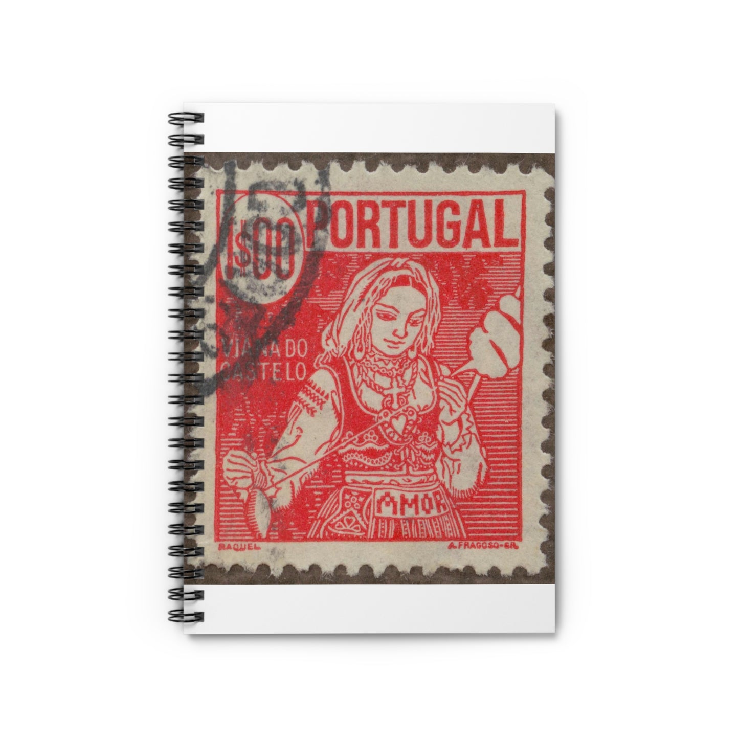 Frimärke ur Gösta Bodmans filatelistiska motivsamling, påbörjad 1950.Frimärke frånPortugal, 1941. Motiv av garnspinnande med slända. "Kvinna från Viana do Castelo". Spiral Bound Ruled Notebook with Printed Cover