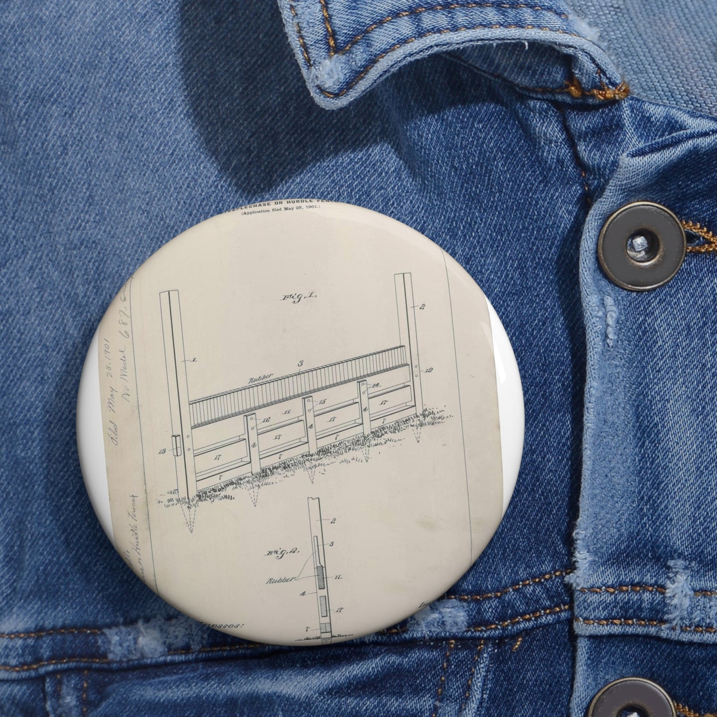 Patent Drawing of Engine - for A. Pascocello' Steeplechase or Hurdle Fence Public domain  image Pin Buttons with Crisp Design