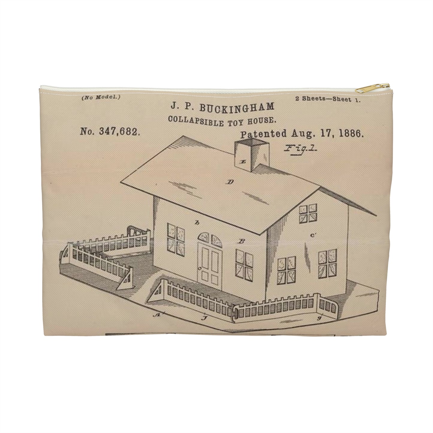 Patent Drawing of Engine - Drawing for a Collapsible Toy House Public domain  image Large Organizer Pouch with Black Zipper