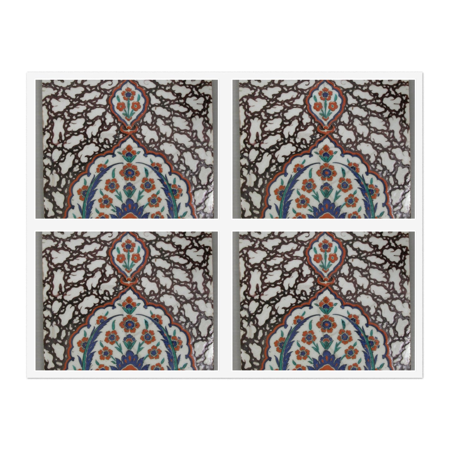 Tile with Floral Cartouche Design on Ebru (Marble Imitation Pattern) Background Laminated UV Protective Vinyl Stickers