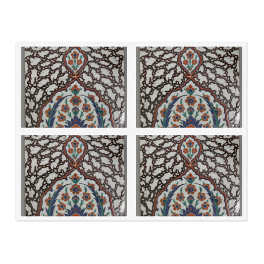 Tile with Floral Cartouche Design on Ebru (Marble Imitation Pattern) Background Laminated UV Protective Vinyl Stickers