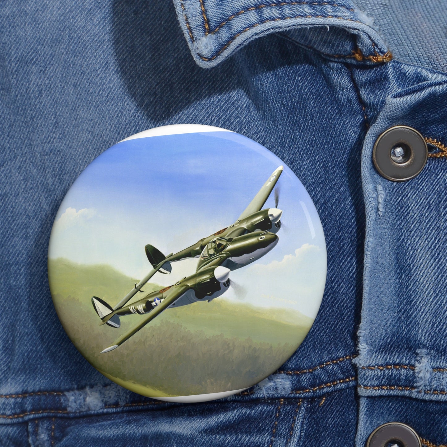 Artwork: "P-38 Lightning Artist: Dick Kramer (US Air Force Art Collection) Pin Buttons with Crisp Design