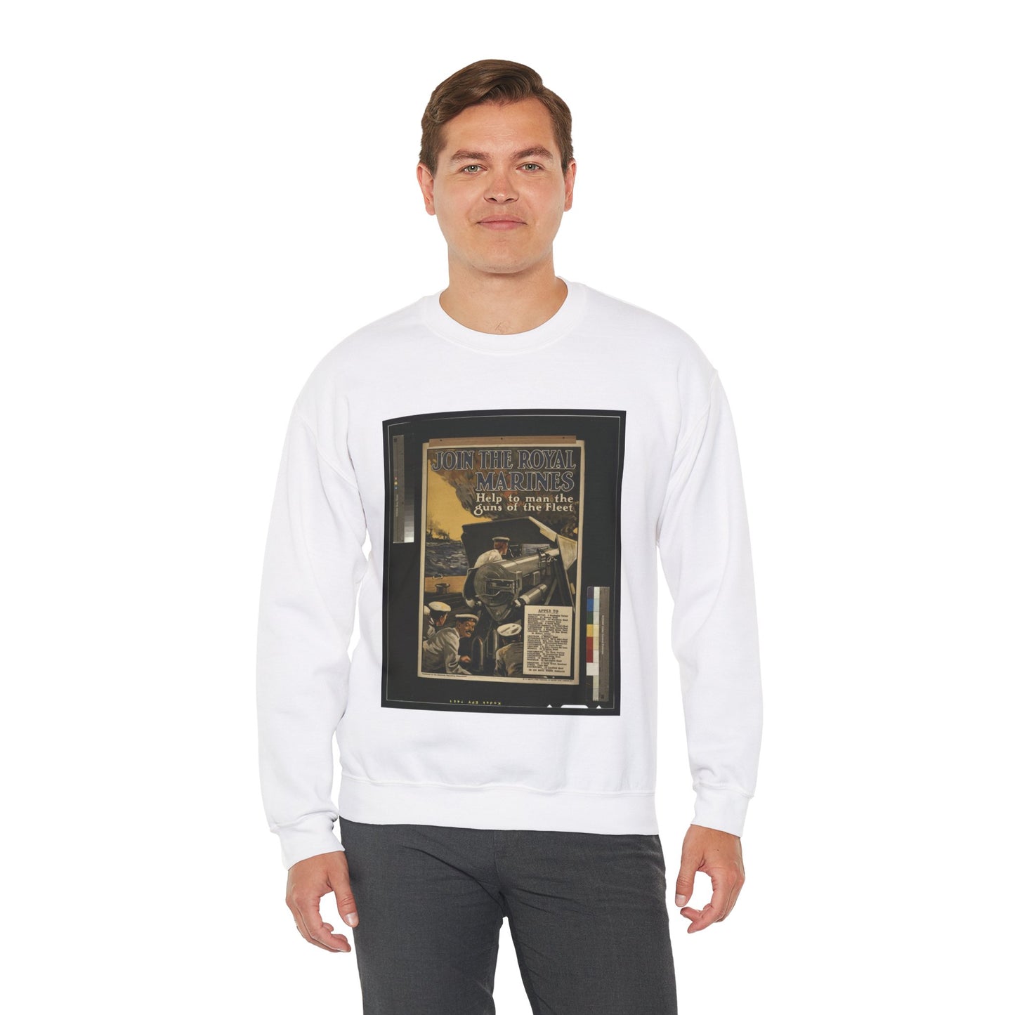 Join the Royal Marines. Help to man the guns of the fleet / W.H. Smith & Son, Printers, 55 Fetter Lane, London, E.C. White Heavy Blend Adult Crew Neck SweatShirt