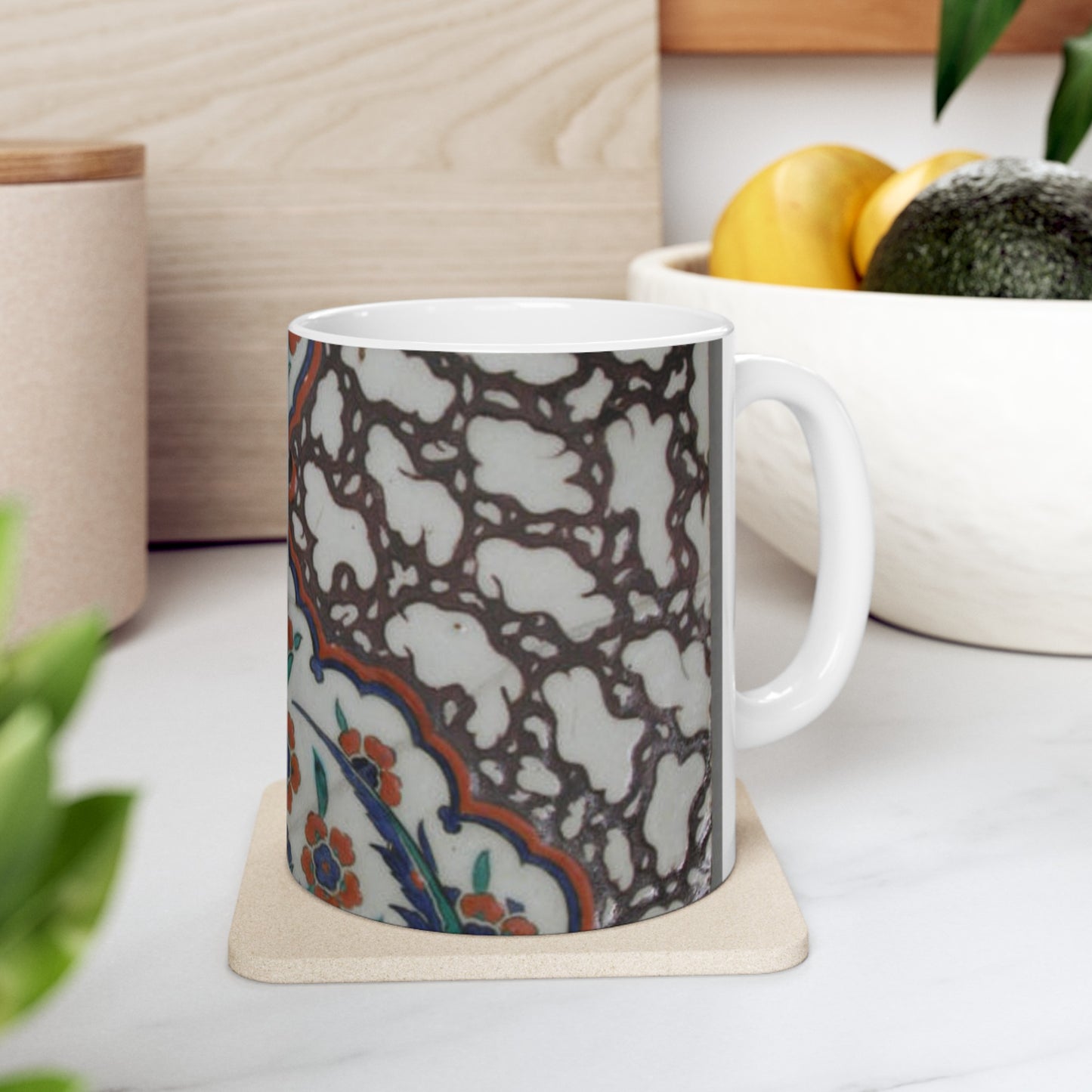 Tile with Floral Cartouche Design on Ebru (Marble Imitation Pattern) Background Beautiful Novelty Ceramic Coffee Mug 11oz