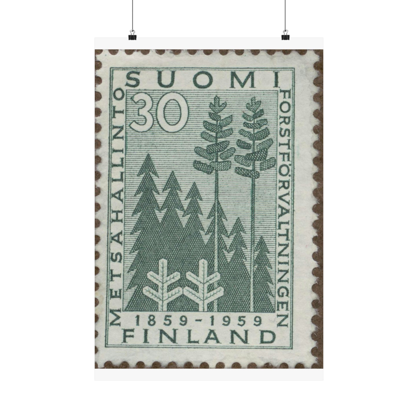 Frimärke ur Gösta Bodmans filatelistiska motivsamling, påbörjad 1950.Frimärke från Finland, 1959. Motiv av stiliserad gran och tall. "Forstförvaltningen 100 år: 1859-1959". High Quality Matte Wall Art Poster for Home, Office, Classroom