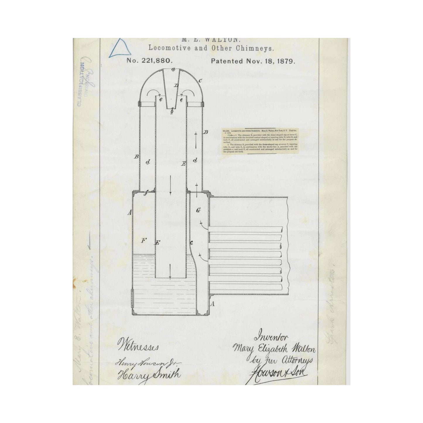 Patent Drawing of Engine - for M. E. Walton's Locomotive and Other Chimneys Public domain  image High Quality Matte Wall Art Poster for Home, Office, Classroom