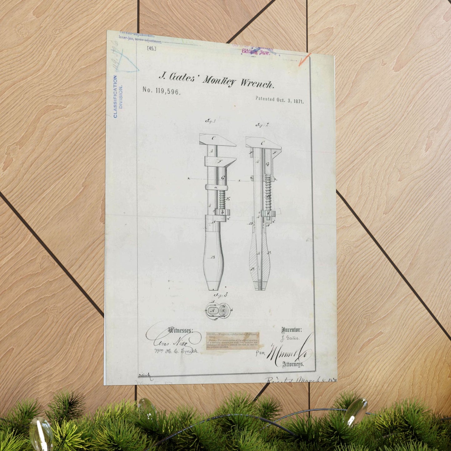 Patent Drawing of Engine - for J. Gates' Monkey Wrench Public domain  image High Quality Matte Wall Art Poster for Home, Office, Classroom