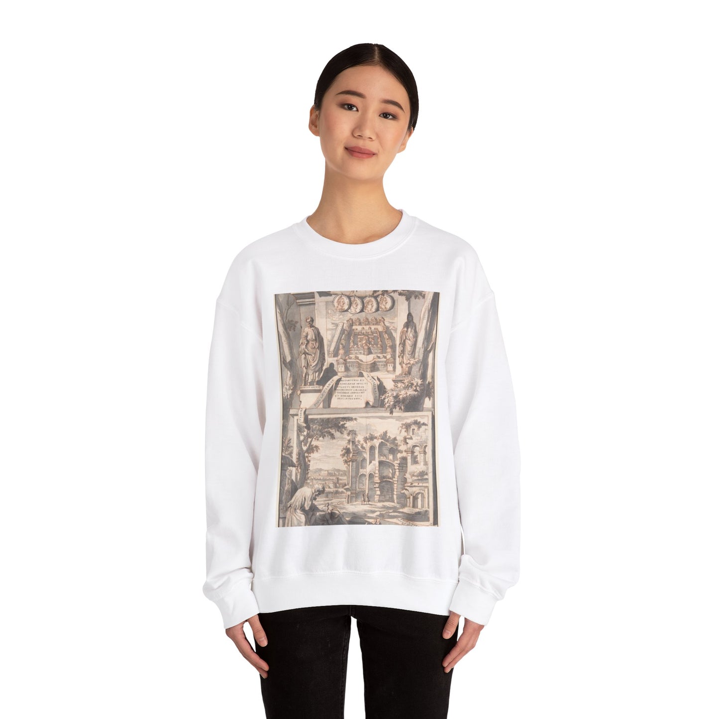 A Reconstruction of the Thermae of Diocletian (above) and a View of the Ruins (below) White Heavy Blend Adult Crew Neck SweatShirt