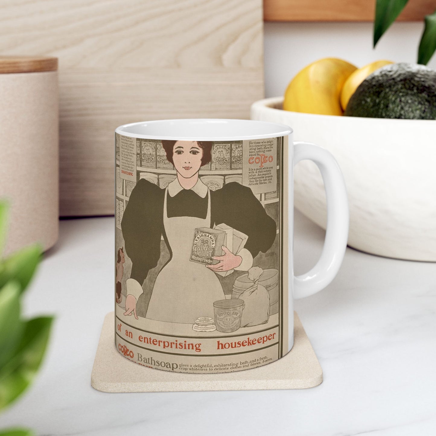 Three of the greatest requisites of an enterprising housekeeper - Copco, Cottolene, Gold Dust washing powder Beautiful Novelty Ceramic Coffee Mug 11oz