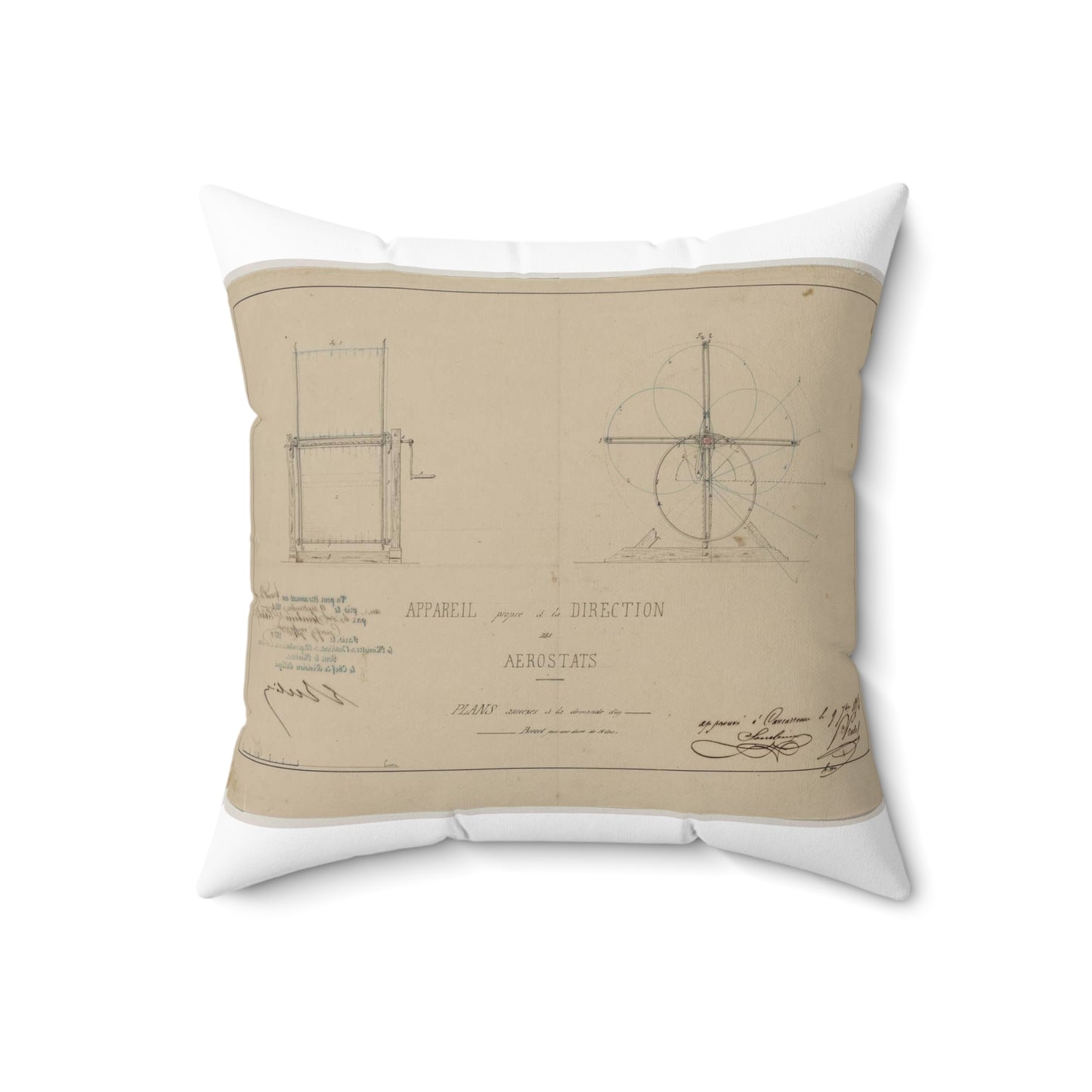 Patent drawing - Appareil propre à la direction des aerostats plans annèxes à la demande d'un brevet pour une durée de 15 ans / / apprové à [...] Sourbieu & Pre. Pradel, 1852 septembre 9. Public domain  image Decorative Accent Square Pillow