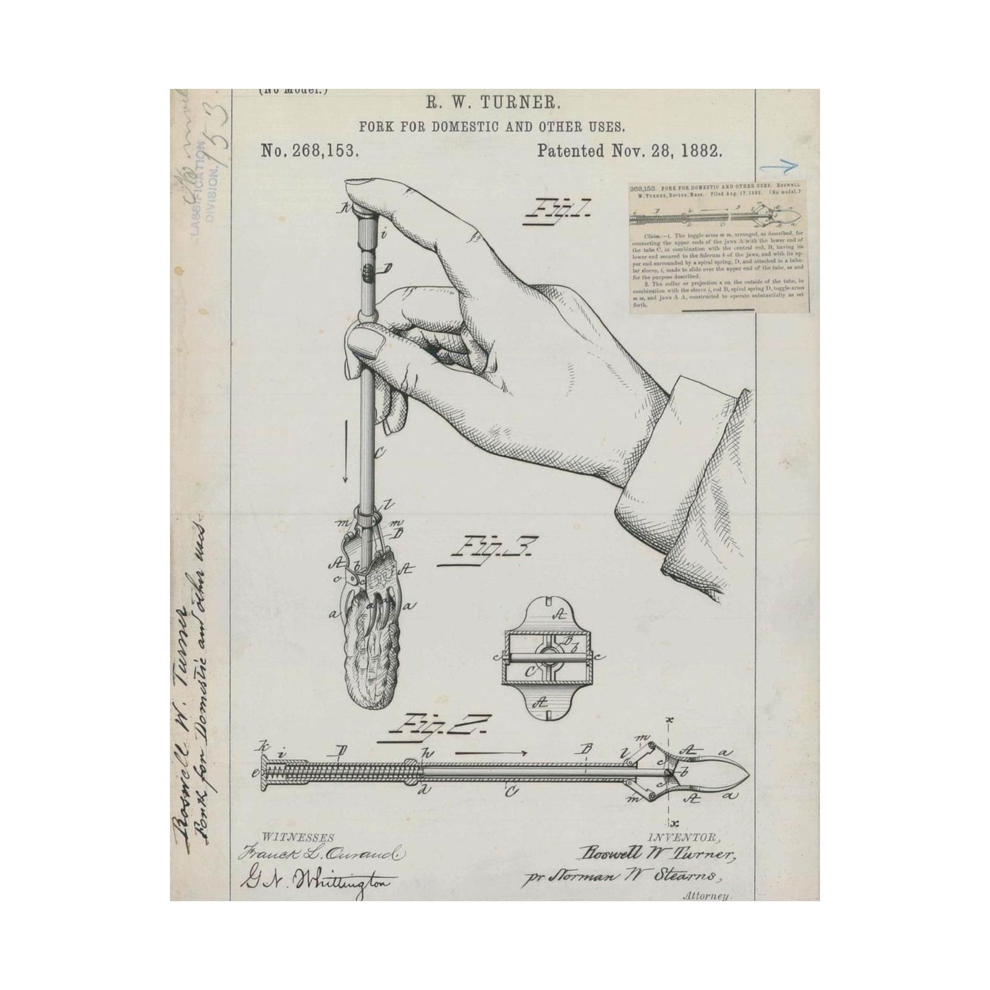 Patent drawing - for R. W. Turner's Fork for Domestic and Other Uses Public domain  image High Quality Matte Wall Art Poster for Home, Office, Classroom