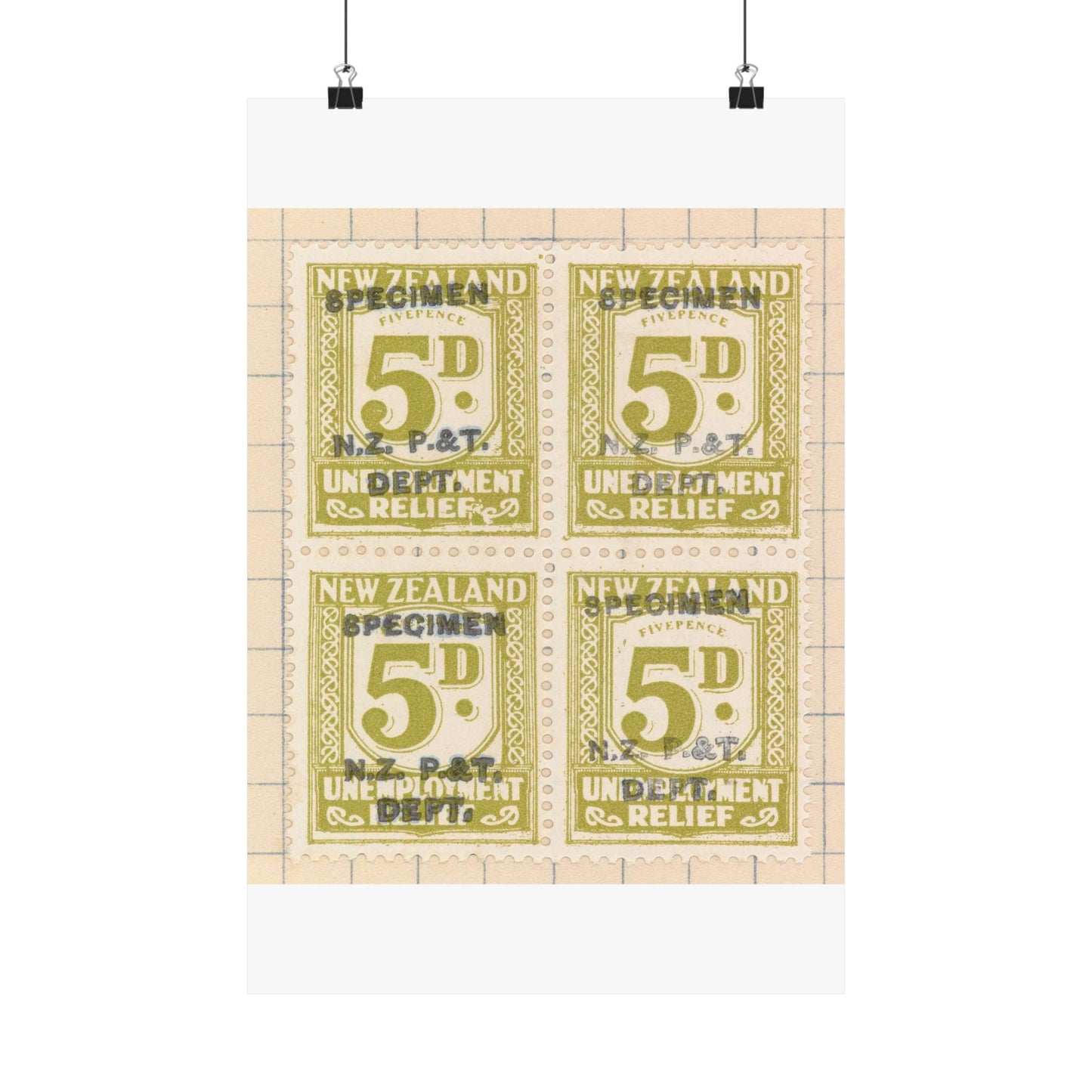 Block of five penny Unemployment Relief stamps overprinted 'Specimen' High Quality Matte Wall Art Poster for Home, Office, Classroom