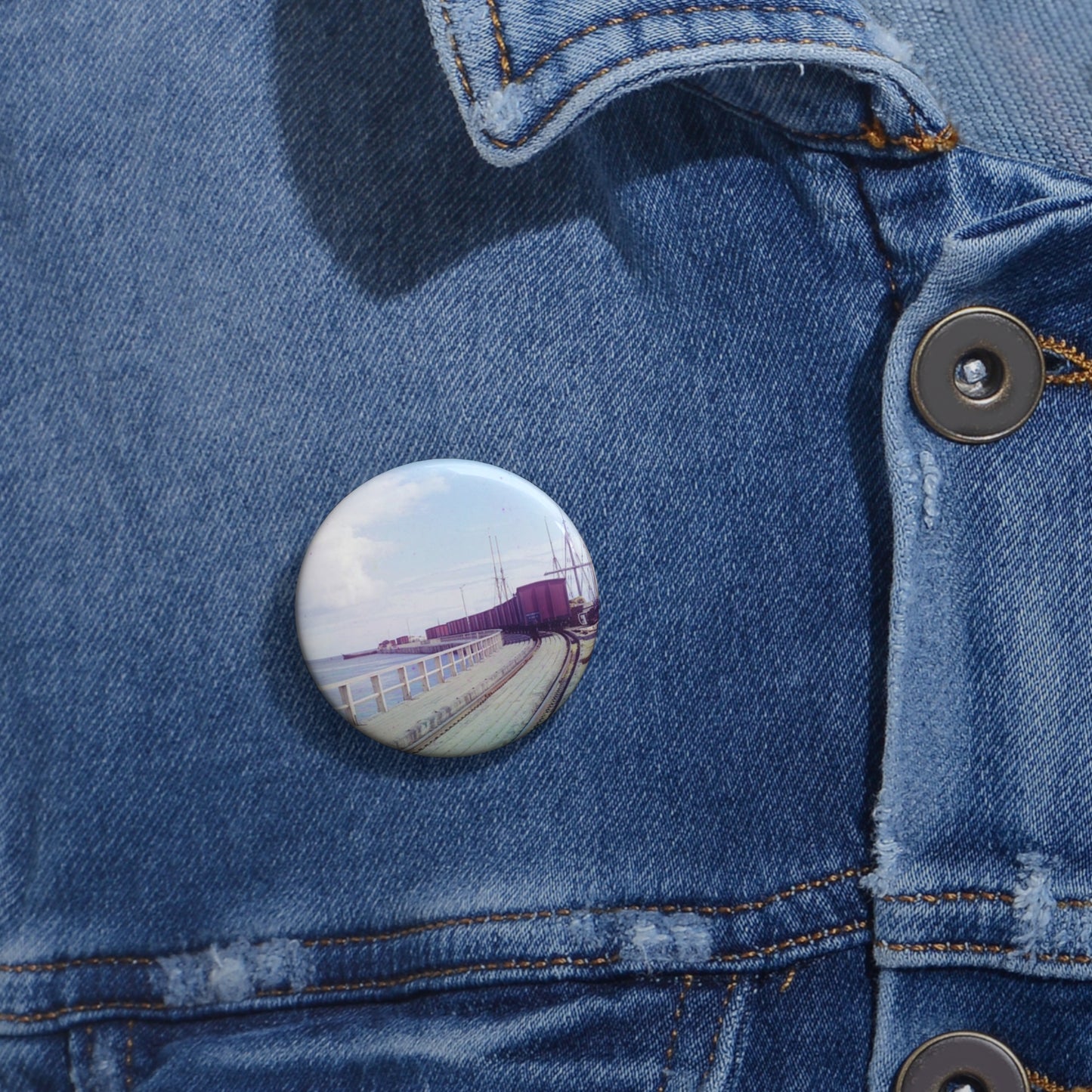 Sorochya Bay. Railroad dam in the Soroka inlet.  Arkhangelsk Province, Russia.  Pin Buttons with Crisp Design