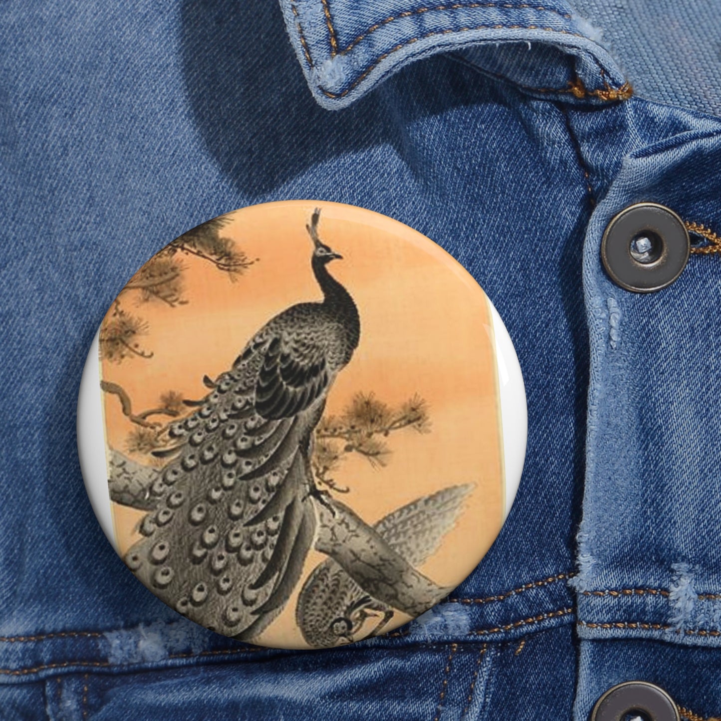 Koson - peacock-and-hen, Ohara Koson Pin Buttons with Crisp Design