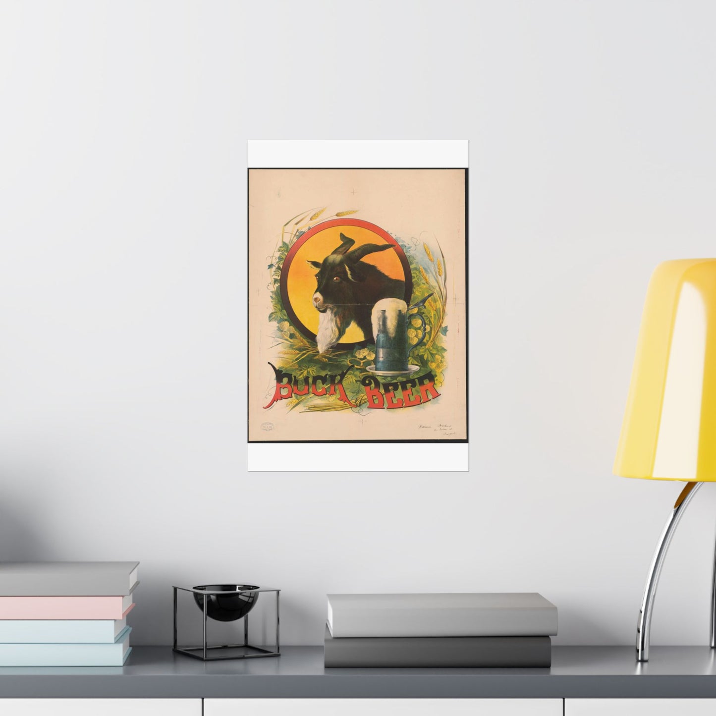 Bock Beer, the head of a goat inside an oval, with a stein of beer sitting on a bed of hops, underneath the oval High Quality Matte Wall Art Poster for Home, Office, Classroom