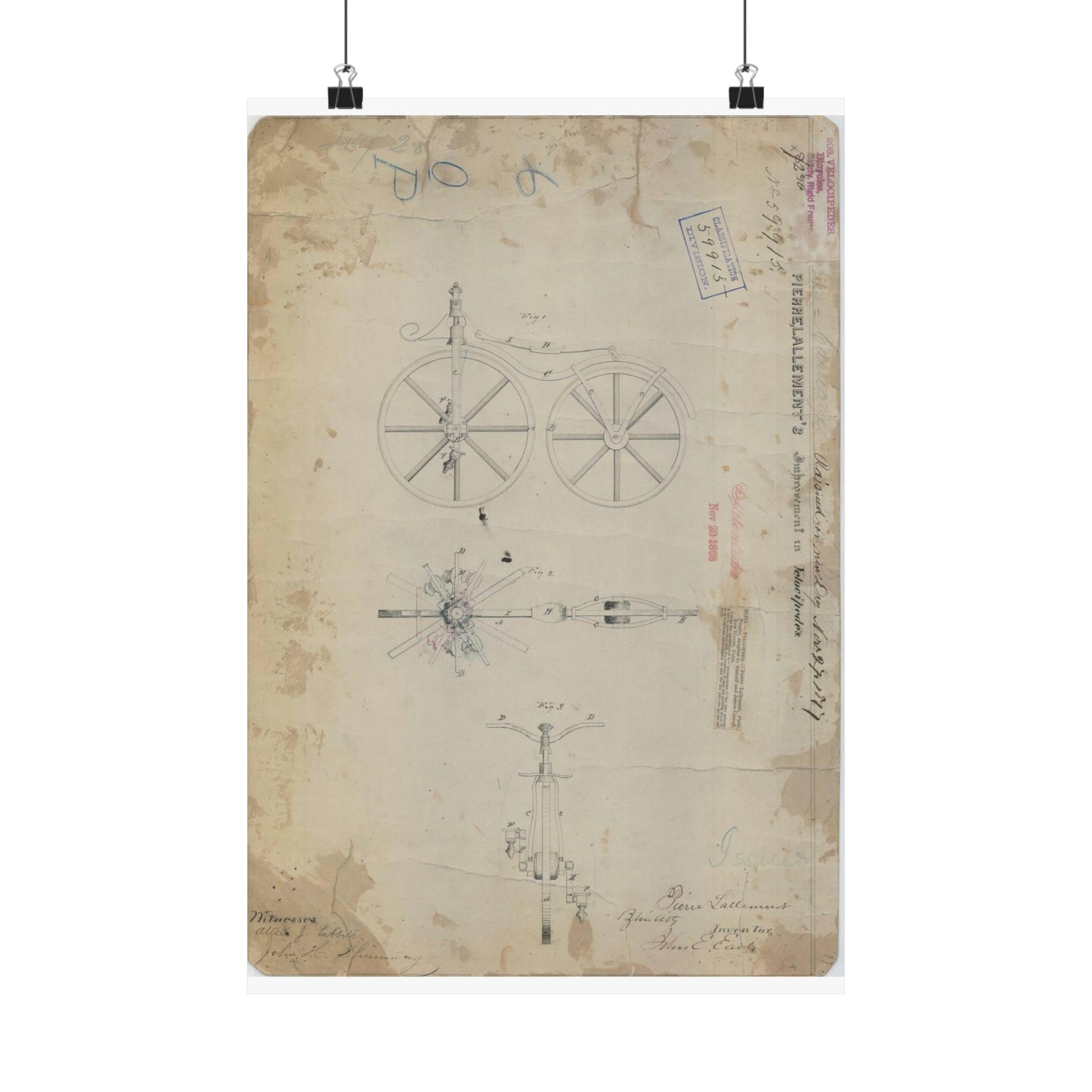 Patent drawing - for Pierre Lallement's Improvement in Velocipedes Public domain  image High Quality Matte Wall Art Poster for Home, Office, Classroom