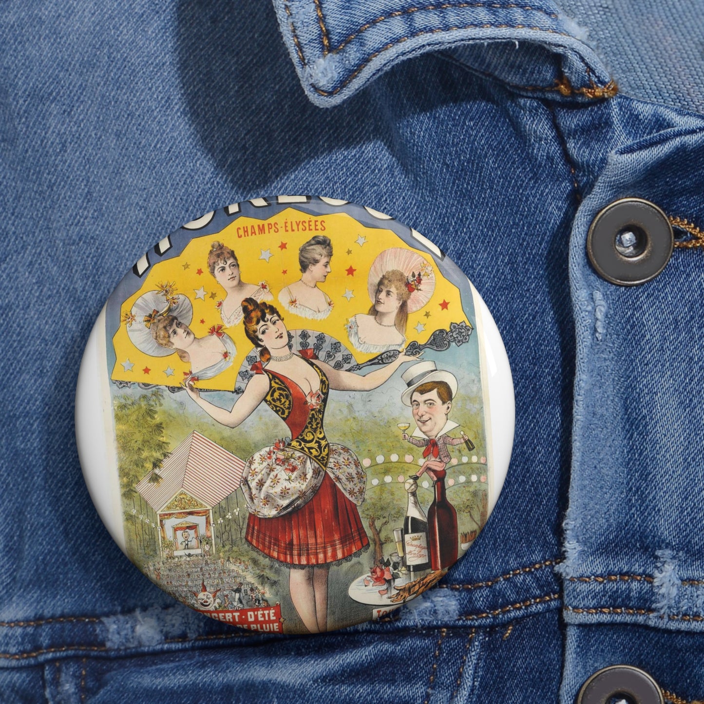 HORLOGE/ CHAMPS-ELYSEES/ SEUL. CONCERT. D'ETE/ COUVERT EN CAS DE PLUIE/ CHAMPS-ELYSEES/ TOUS LES SOIRS A 8H./ MATINEES/ Dimanches & Fêtes Pin Buttons with Crisp Design