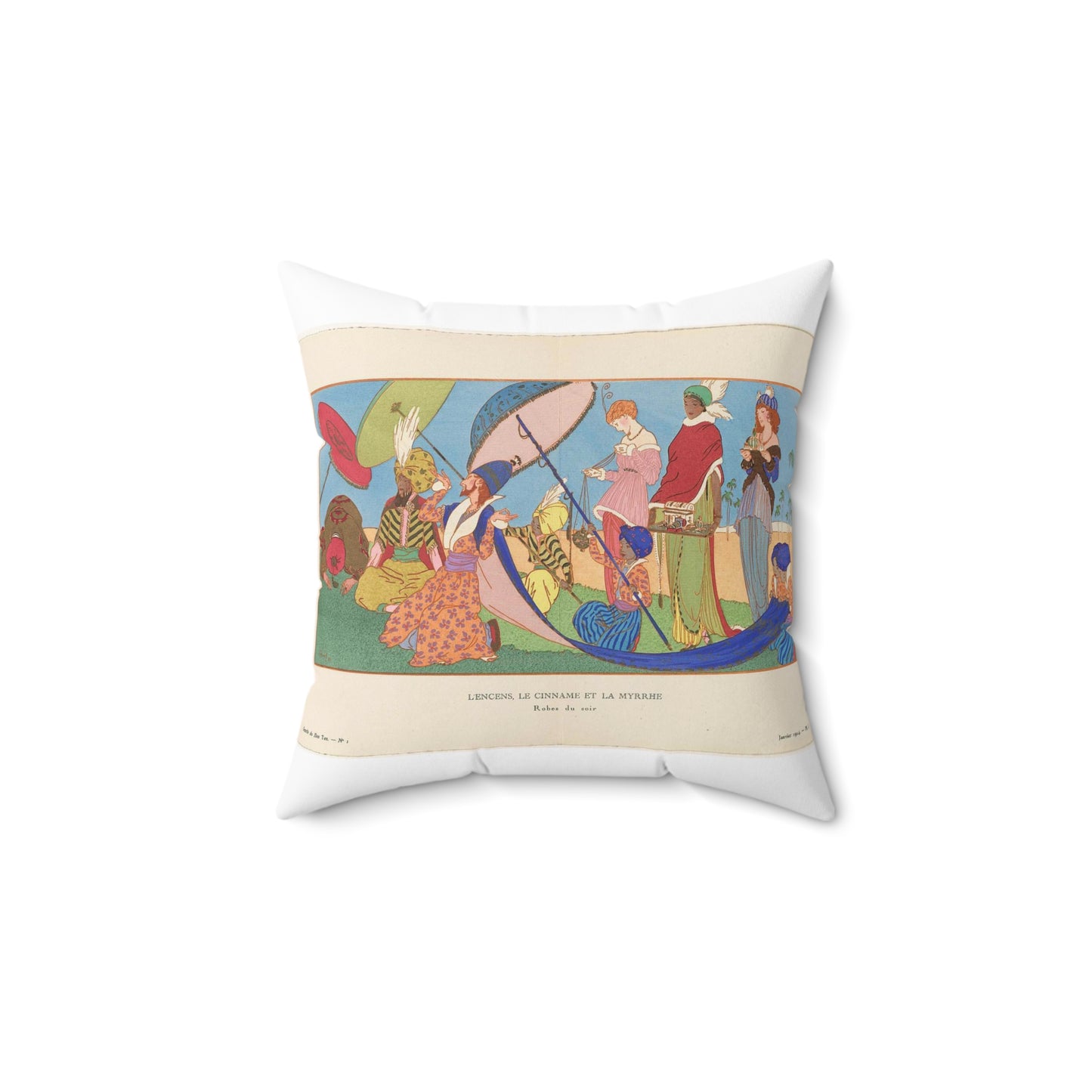 Gazette du Bon Ton, 1914 - No. 1, Pl. I: L'Encens, Le Cinname et la Myrrhe / Robes du soir. Decorative Accent Square Pillow