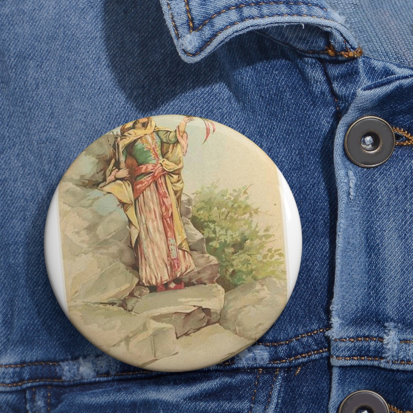 The talking bird. - Drawing. Public domain image. Pin Buttons with Crisp Design