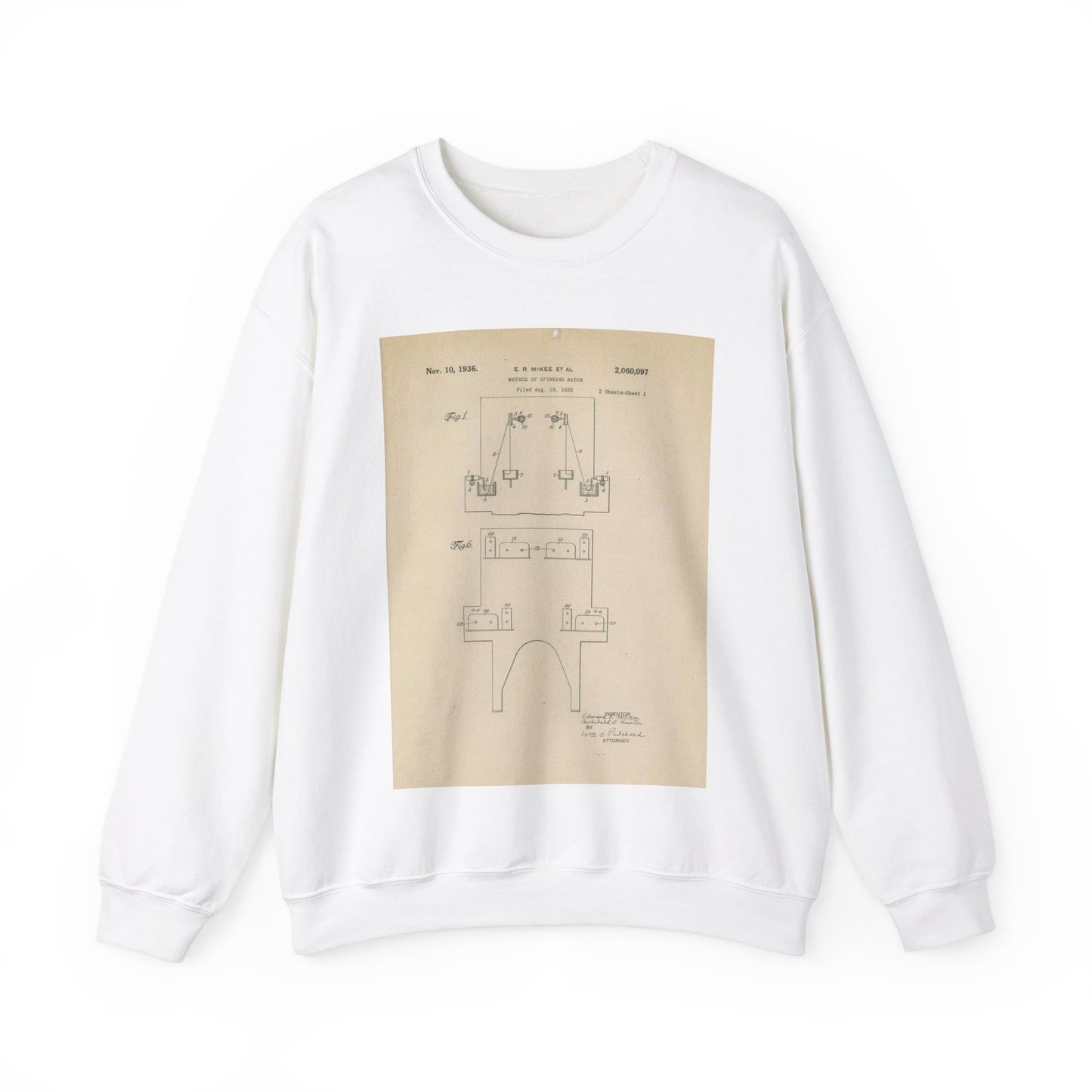 Patent Case File No. 2,060,097, Method of Spinning Rayon, Inventors Edward R. McKee and Archibald S. Hunter - DPLA - 472f8c0cc0da4d044e243ea2d0e841d1 (page 5) White Heavy Blend Adult Crew Neck SweatShirt