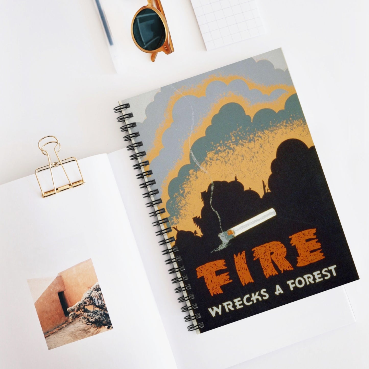 Fire wrecks a forest, Art Deco Poster Spiral Bound Ruled Notebook with Printed Cover