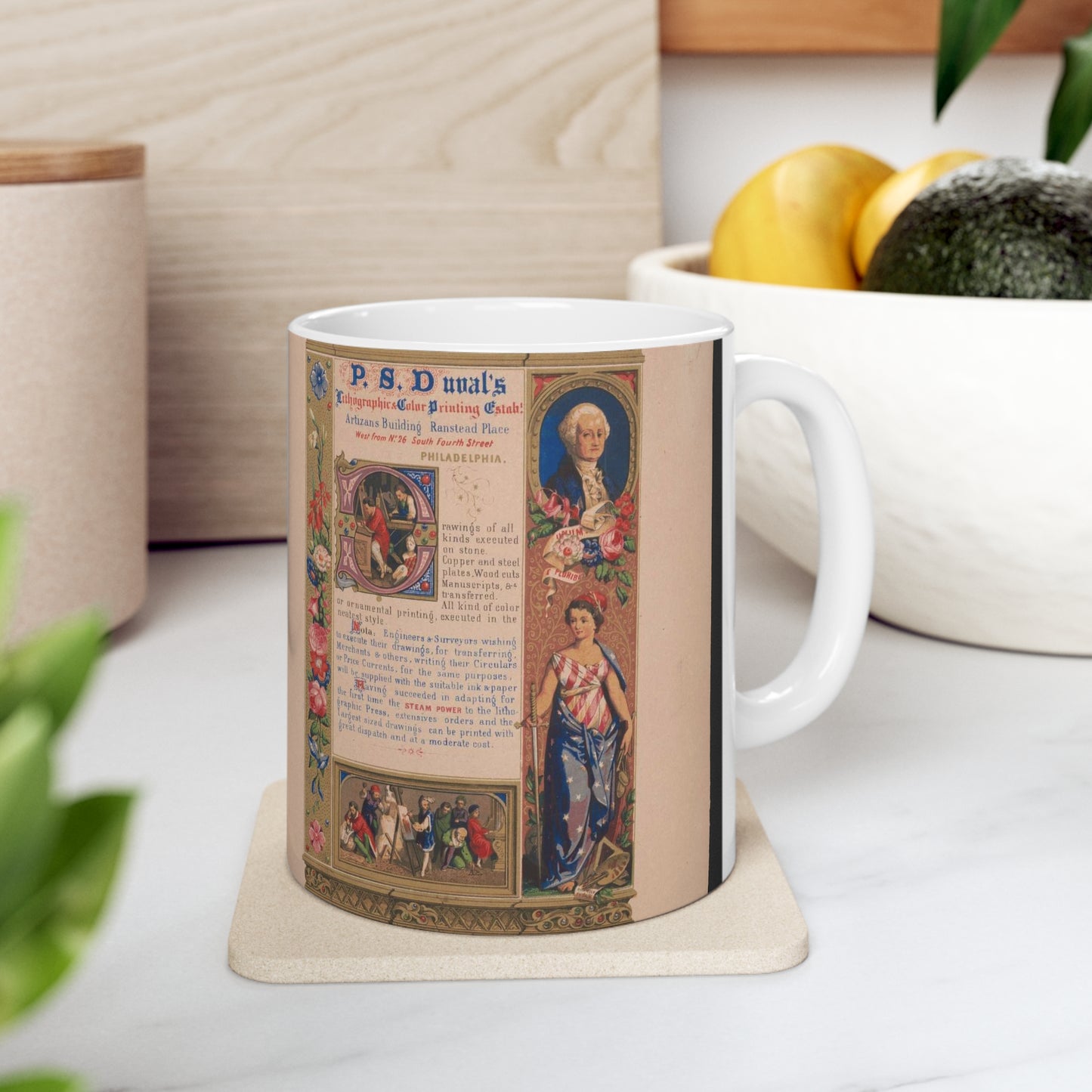 P.S. Duval's lithograhpic & color printing estab! Artizans Building Ranstead Place west from No. 26 South Fourth Street Philadelphia on stone by Schussele ; lith. & printed in color at the Estab! Beautiful Novelty Ceramic Coffee Mug 11oz