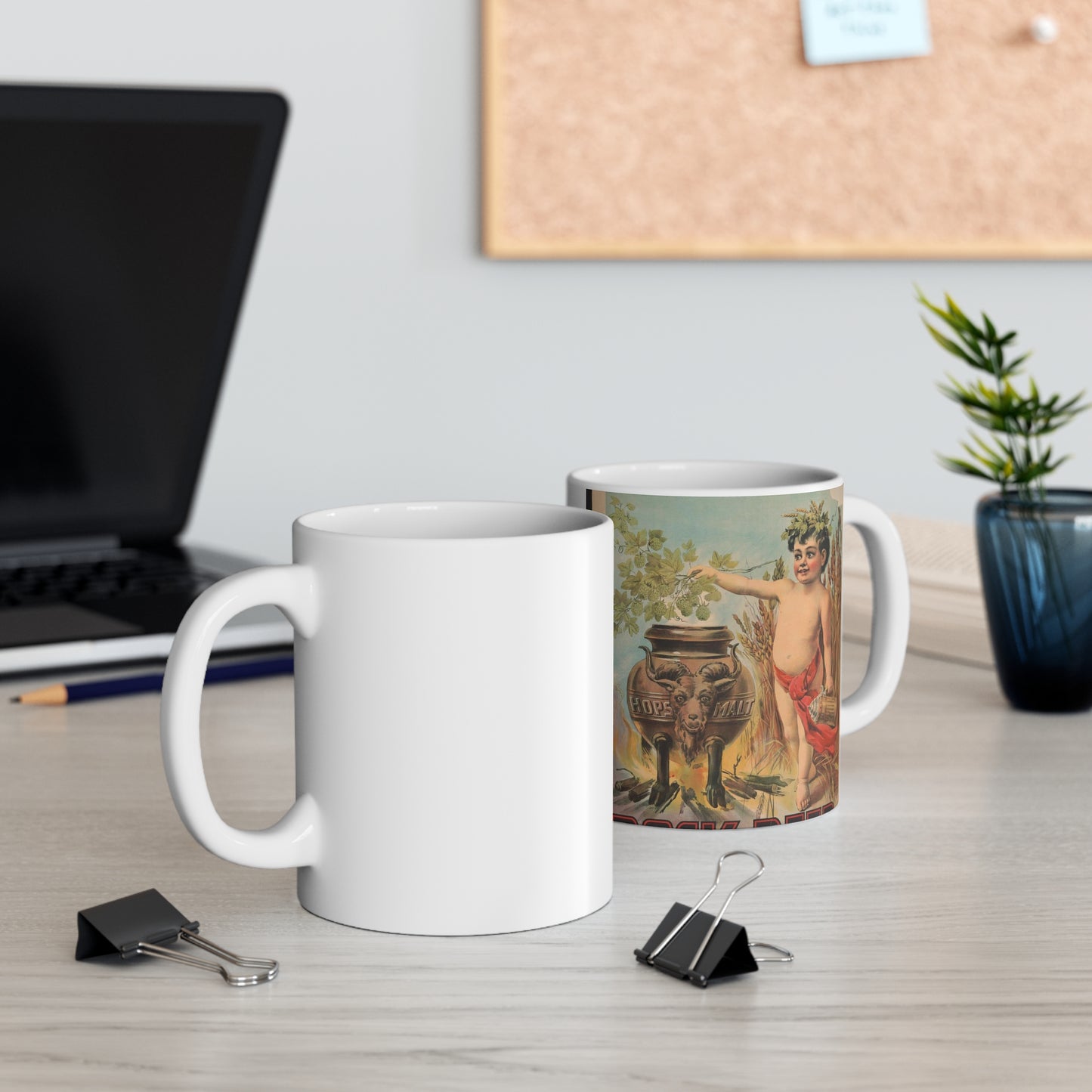 Bock beer boy standing to the right of a vat, which is inscribed hops malt, holding hops over the vat Beautiful Novelty Ceramic Coffee Mug 11oz