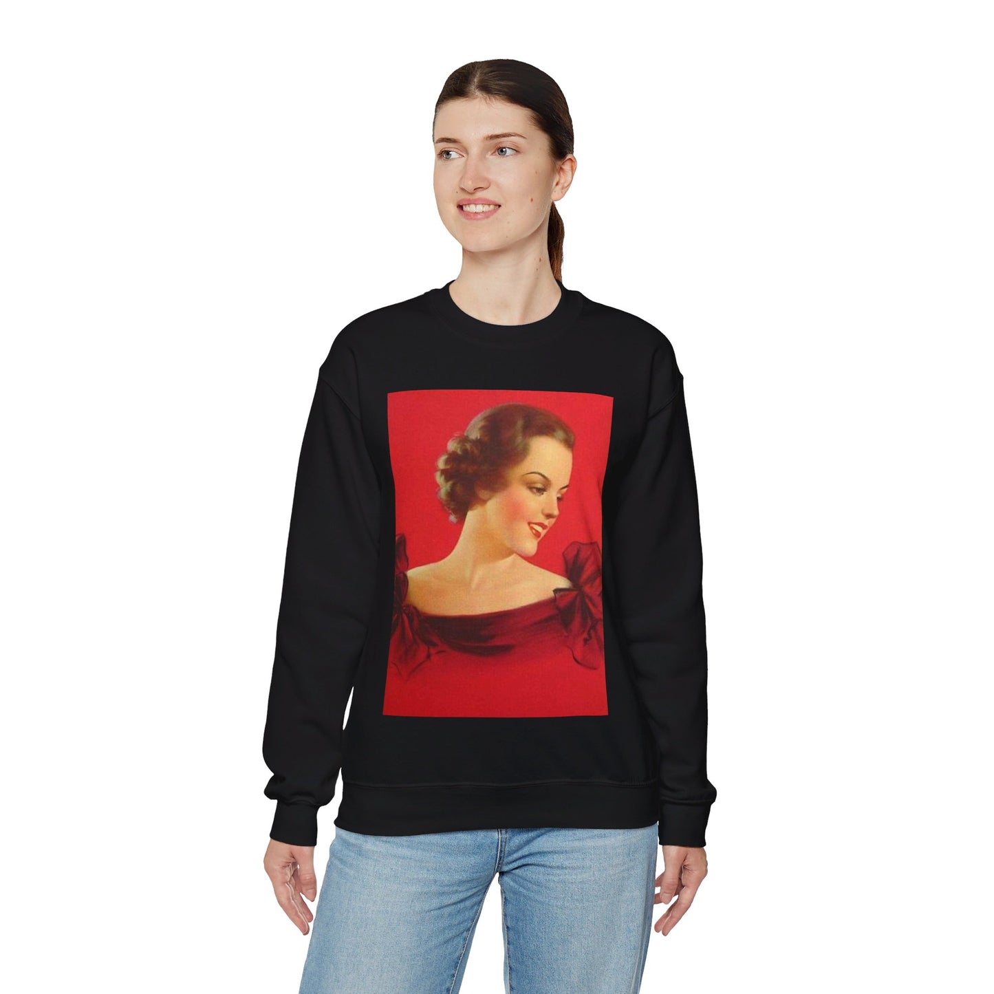 Brunette girl head, red background, painting by Edward Mason Eggleston Black Heavy Blend Adult Crew Neck SweatShirt