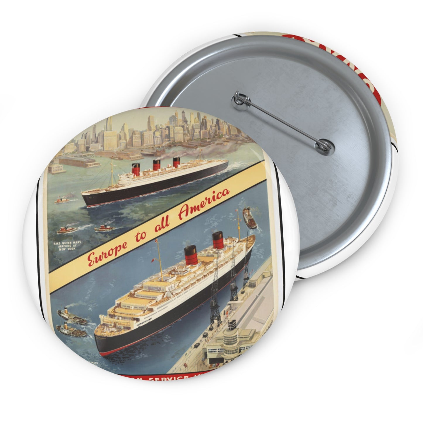 Cunard Line. Vintage Travel Posters, 1920s-1930s Pin Buttons with Crisp Design