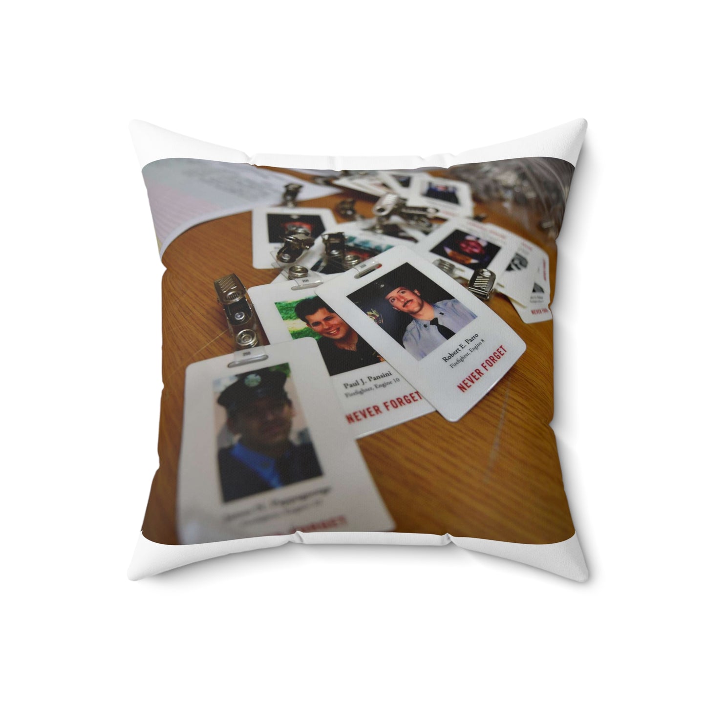 Badges with photos of 9/11 emergency responders, sit Decorative Accent Square Pillow