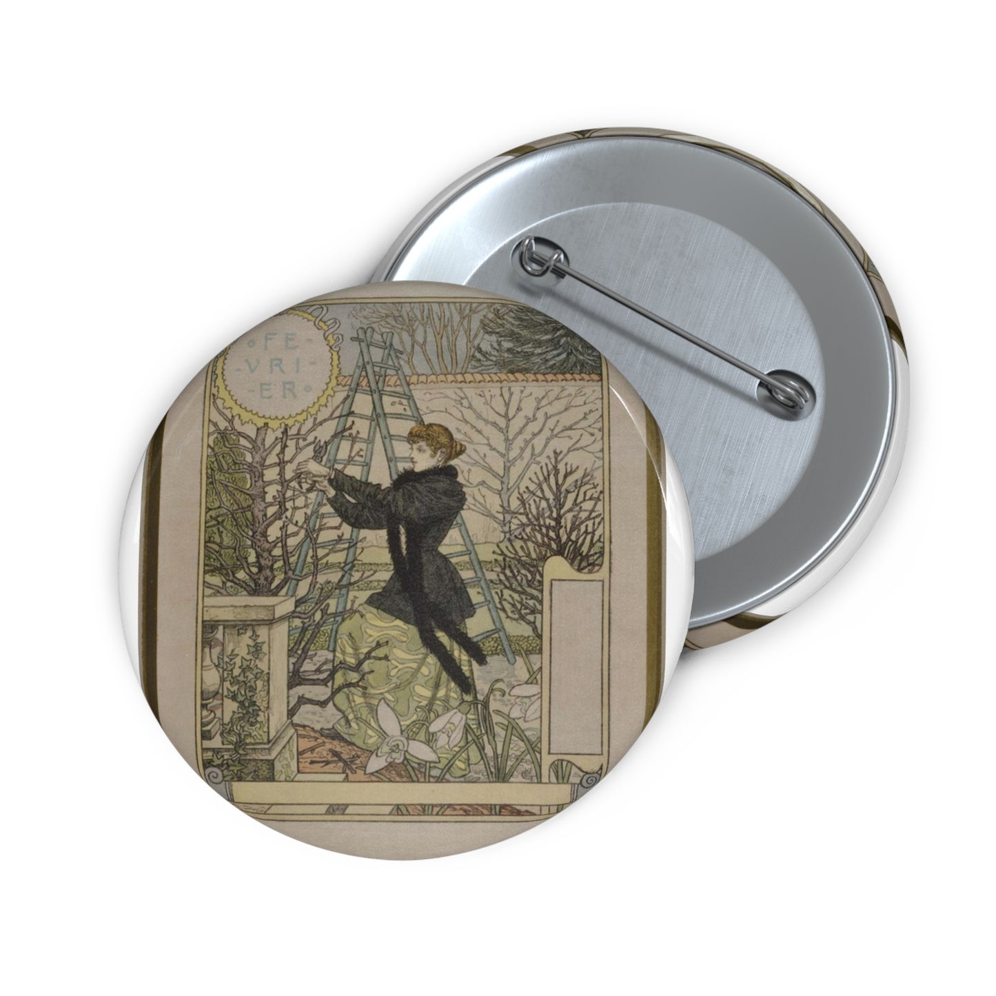 Eugène Samuel Grasset  - Février Pin Buttons with Crisp Design