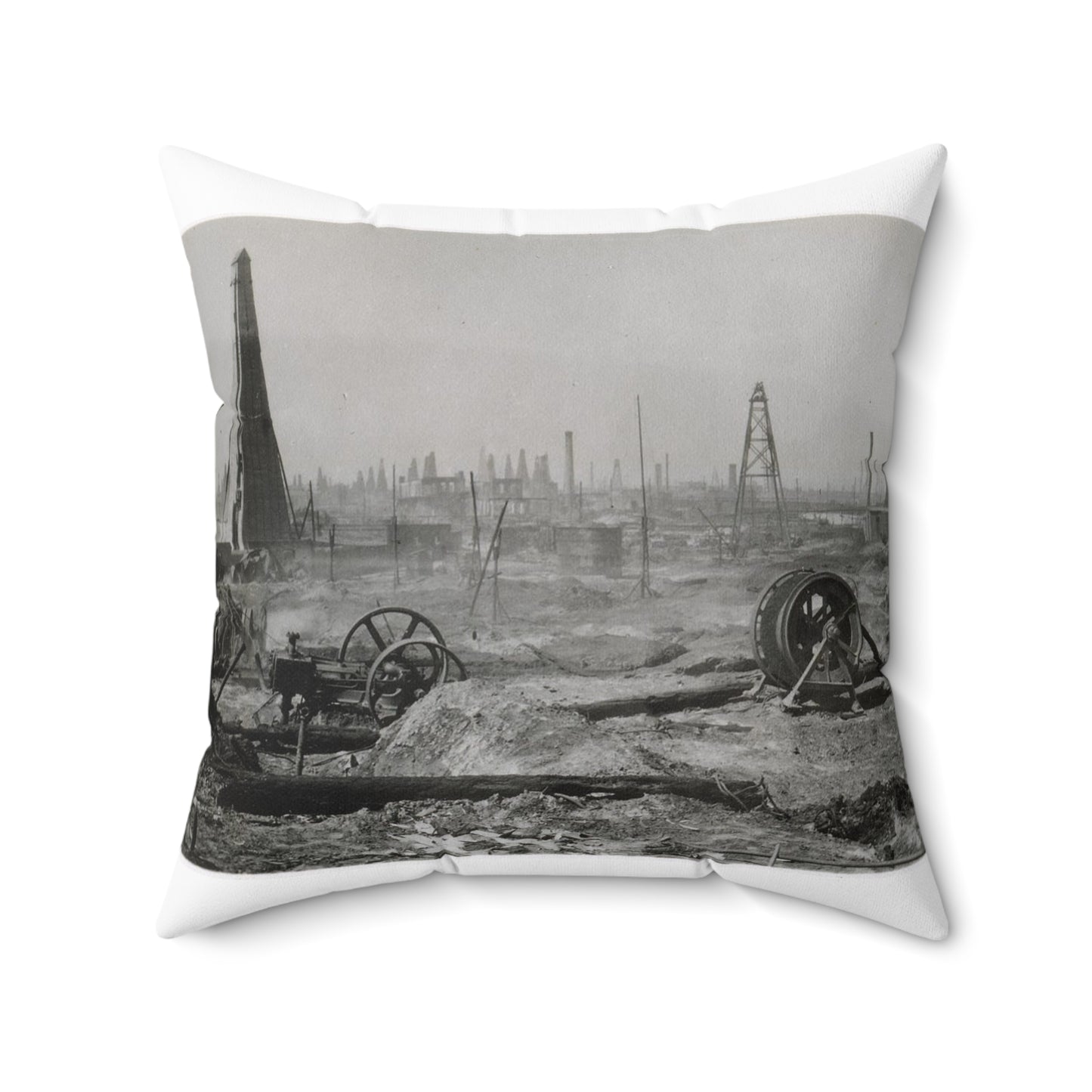 Baku. Oil production. - Drawing. Public domain image. Decorative Accent Square Pillow