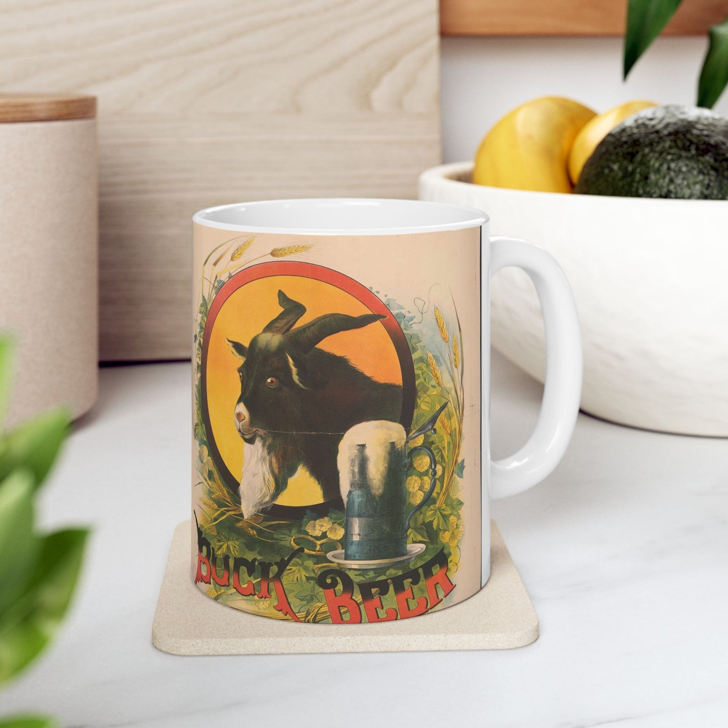 Bock Beer, the head of a goat inside an oval, with a stein of beer sitting on a bed of hops, underneath the oval Beautiful Novelty Ceramic Coffee Mug 11oz