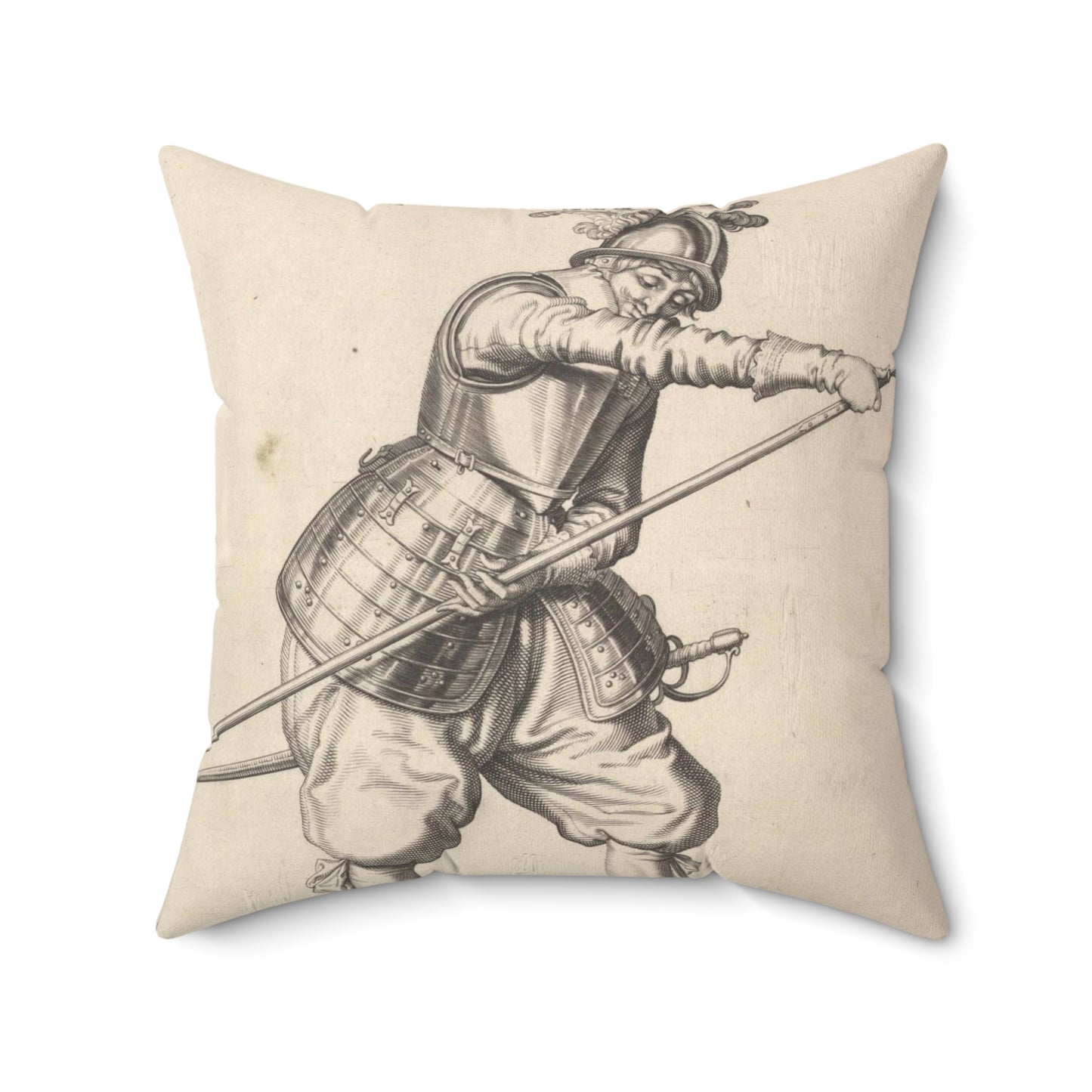 A soldier sliding his right hand along the training-pike, from the Lansquenets series, plate 22, in Wapenhandelinghe van Roers Musquetten Ende Spiessen (The Exercise of Arms) Decorative Accent Square Pillow