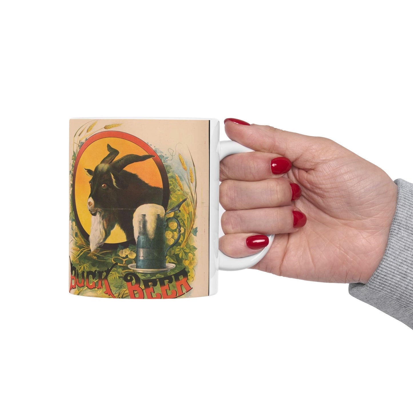 Bock Beer, the head of a goat inside an oval, with a stein of beer sitting on a bed of hops, underneath the oval Beautiful Novelty Ceramic Coffee Mug 11oz