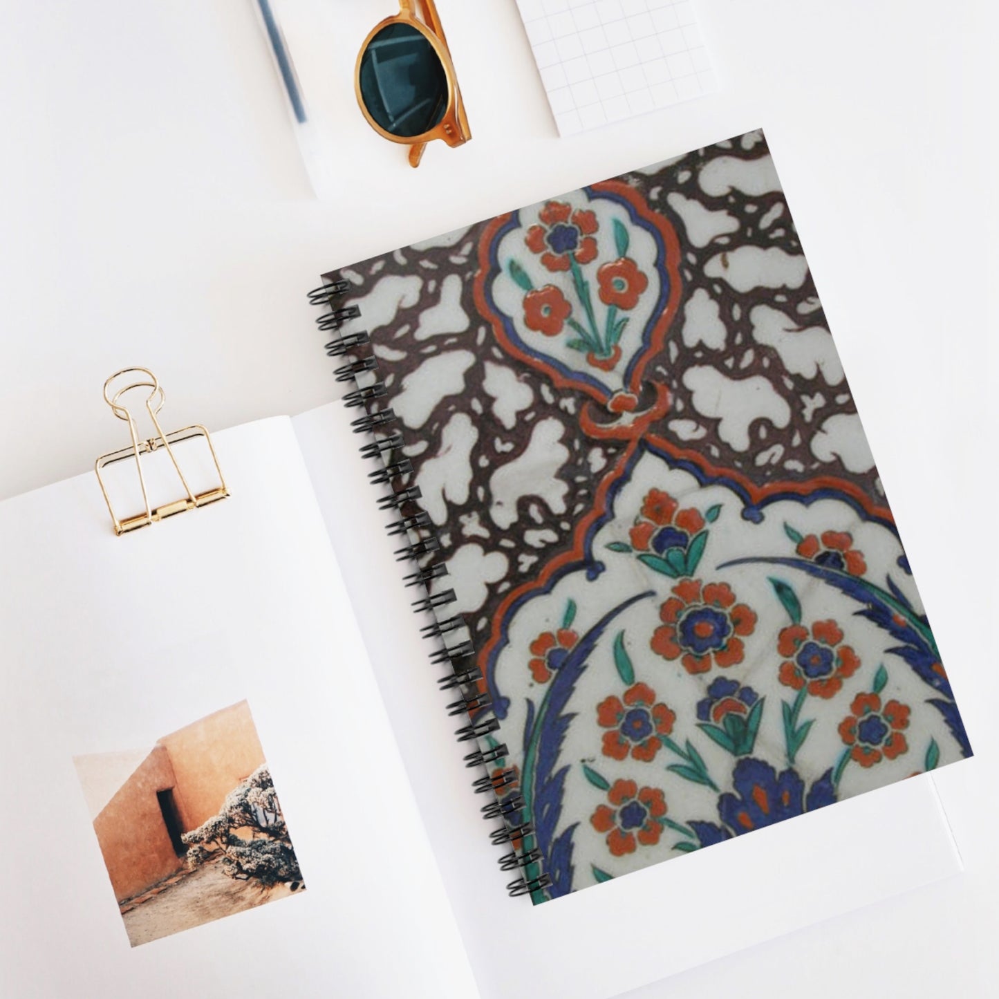 Tile with Floral Cartouche Design on Ebru (Marble Imitation Pattern) Background Spiral Bound Ruled Notebook with Printed Cover