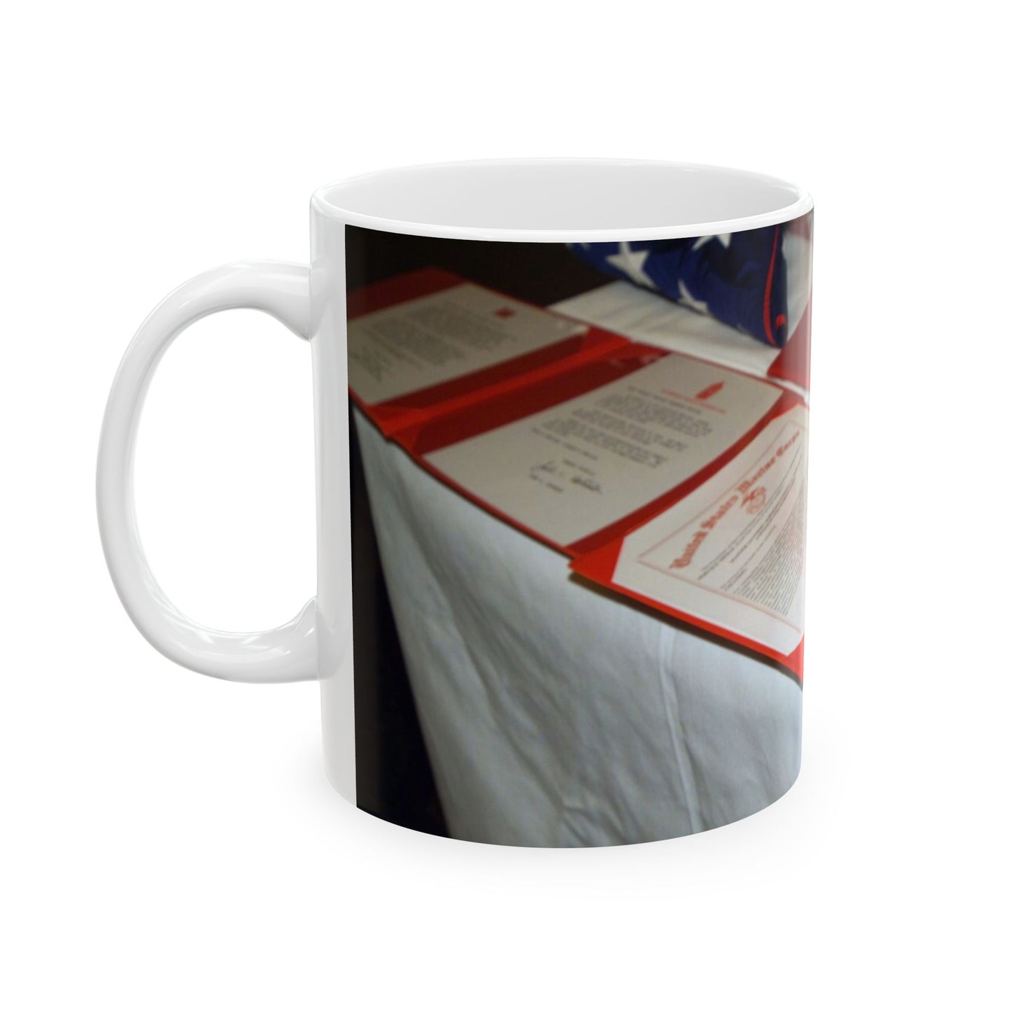 A display of US Marine Corps (USMC) MASTER GUNNERY Sergeant (MGYSGT) Stephen W. Shields' awards lay on a table during his retirement ceremony, at the Clubs of Quantico, Marine Corps Base (MCB) Quantico, Virginia Beautiful Novelty Ceramic Coffee Mug 11oz