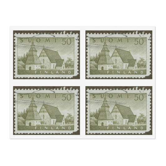 Frimärke ur Gösta Bodmans filatelistiska motivsamling, påbörjad 1950.Frimärke från Finland, 1957. Motiv av Lammi Kyrka med stigport och klockstapel. Laminated UV Protective Vinyl Stickers